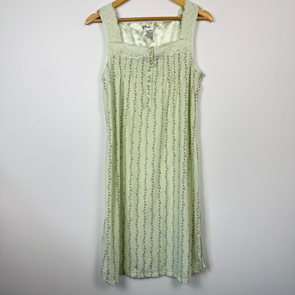 Secret Treasures Nightgown Womens Medium Green Pointelle Knit Floral Lace Trim